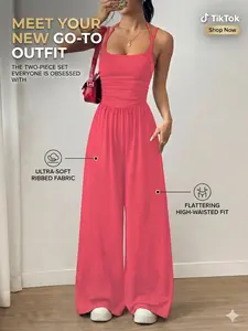 Women's Sleeveless Jumpsuit, Pleated Waist Wide-Leg Pants, One-Piece Design, Fitted Style, All-Season Wear, Plain Pattern, Womenswear, Lady