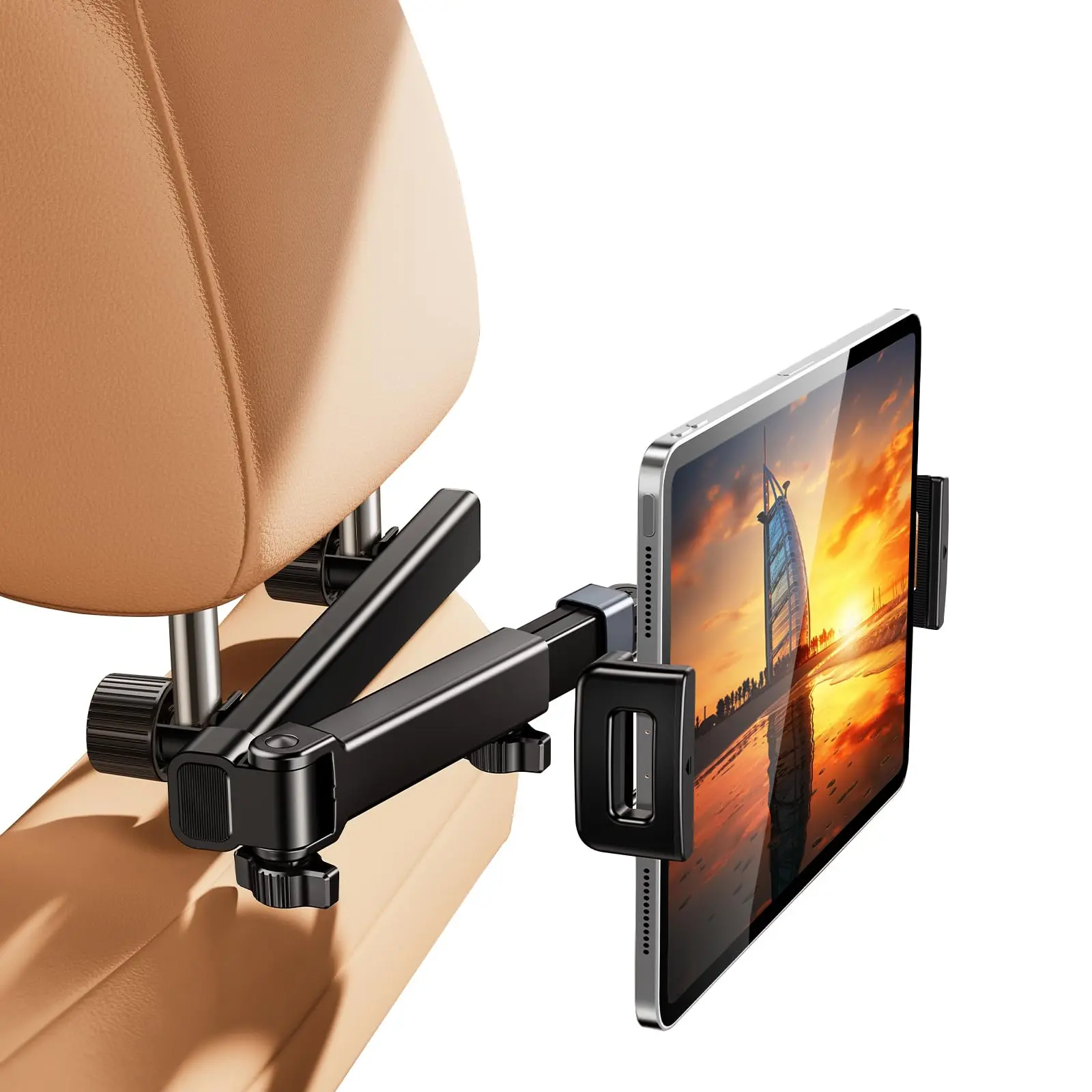 Car Headrest Tablet Holder with Charging Port - Back Seat Mount for 4.7-12.9" iPad, Tool-Free Install on Headrest Poles, Adjustable Extension Arm, 360° Rotating Clamp, 180° Angle Adjustment, Anti-Slip Pads, Metal Rod for Road Trips Children