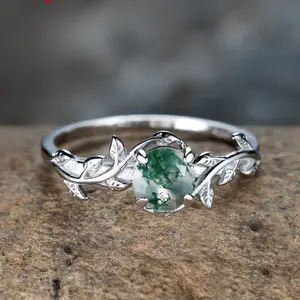[2.8g Sterling Silver Ring] Natural Green Moss Agate 925 Sterling Silver Unique Ring | Engagement Promise Rings For Women Wedding Jewelry Gift (2.8g)