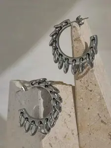 Women's Fashion New Chain Tassel Hoop Earrings, Statement Earrings, Stainless Steel Hoop Earrings, Punk Style Double Tone Design, Chunky Jewelry Accessory