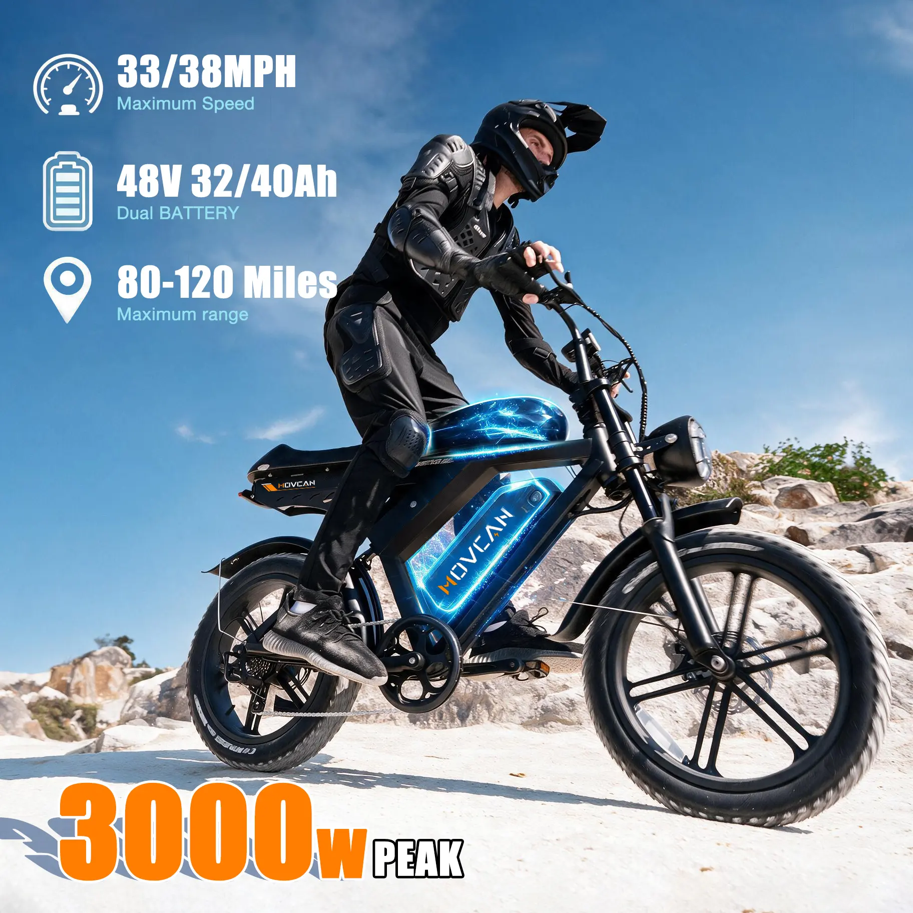 【SummerFinds】Movcan V30Max/V30ProMax Adult Electric Bike, 2000W/3000W Peak，Top Speed 33/38MPH, 48V 31.2/40AH Dual Removable Batteries, 80-120 Mi Range, Full Suspension All-Terrain Off-Roading Bicycle, Dual Disc Brakes, LED Headlight, UL 2849 Certified,, E