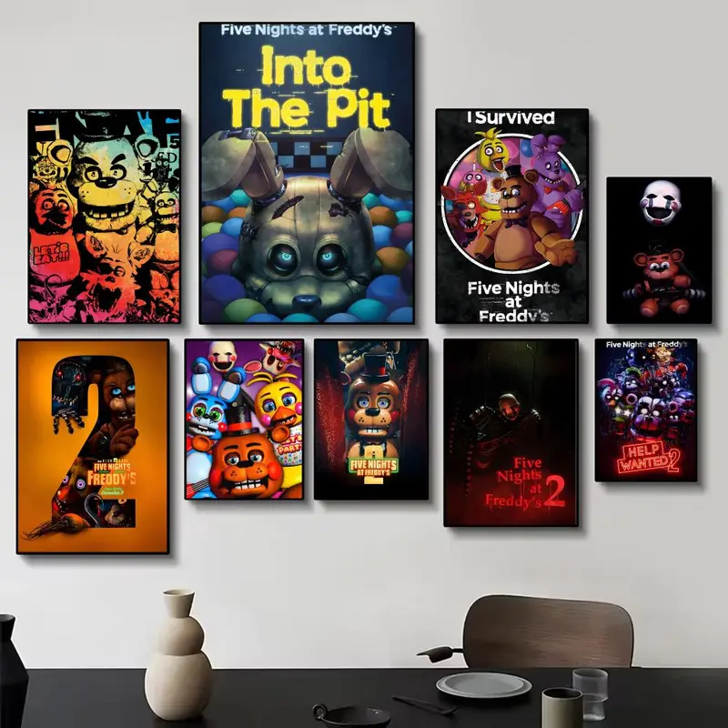 Iconic Horror Survival Game Franchise F-Five Nights at Freddy's Poster HD self-adhesive fade-proof waterproof wrinkle-resistant poster stickers Wall Art suitable for living room bedroom dormitory cafe bar background decoration wallpaper and gifts