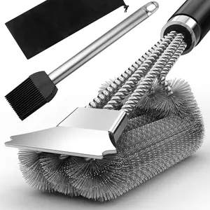 Grill Brush with Extra Long Handle Safe Wire BBQ Scrubber Triple Barbecue Cleaning Brush for Gas and Charcoal Grill Grates