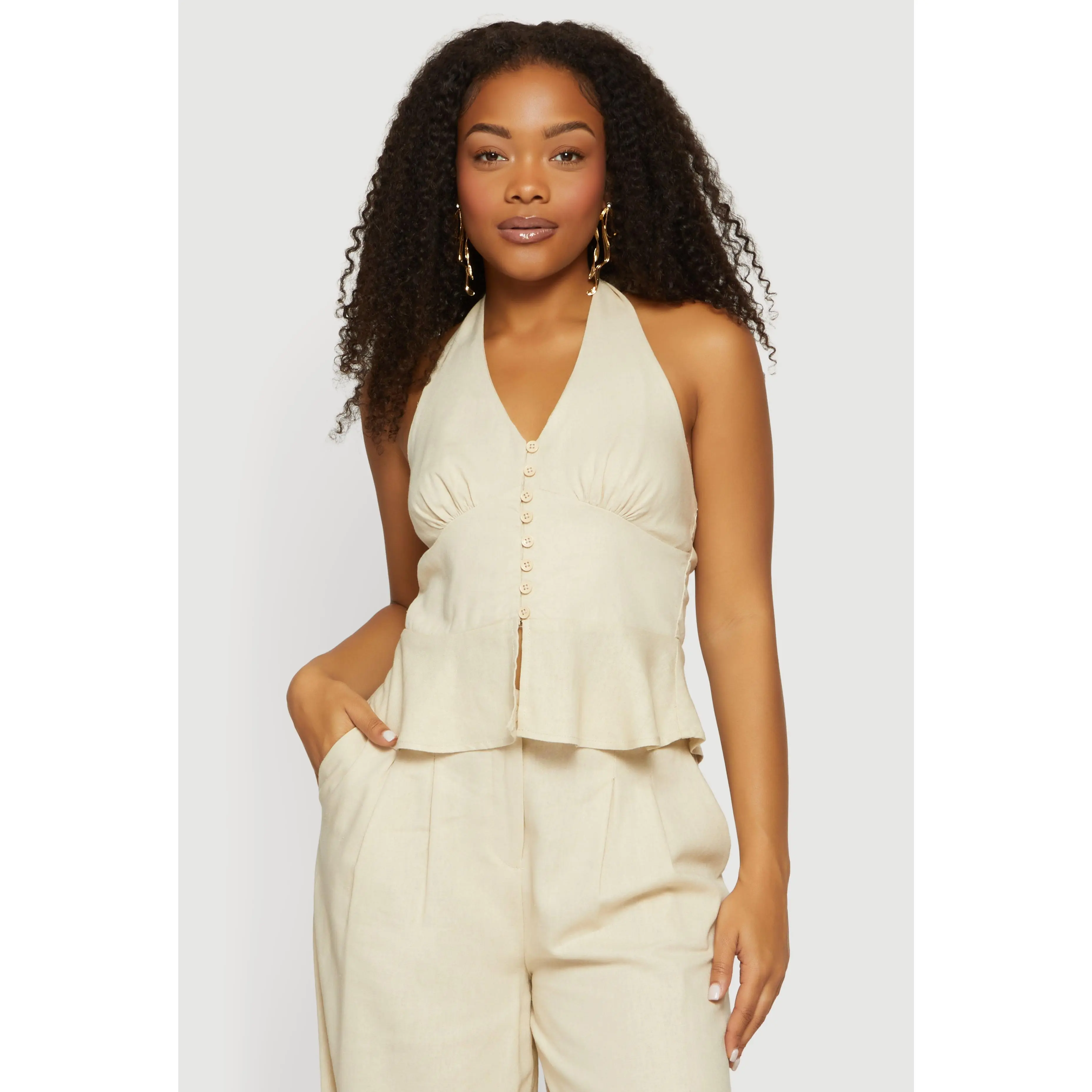 Tie Back Halter Neck Button Front Peplum Top