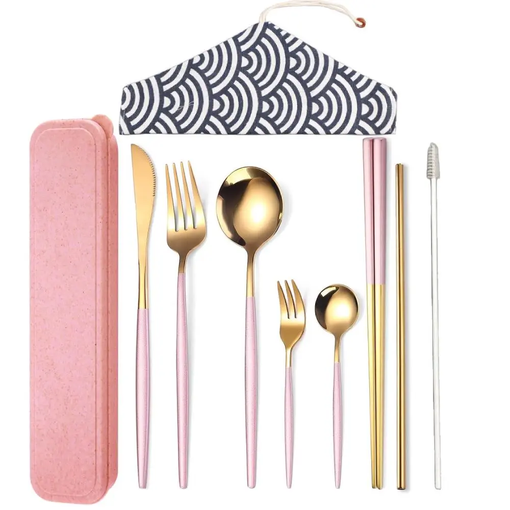 Classic All-in-1 8-Piece Stainless Steel Travel Cutlery Set - Portable Reusable Flatware with Carrying Case, Chopsticks, Straw, Brush - Pink Gold Kitchenware for Camping, Lunch, All-In-One