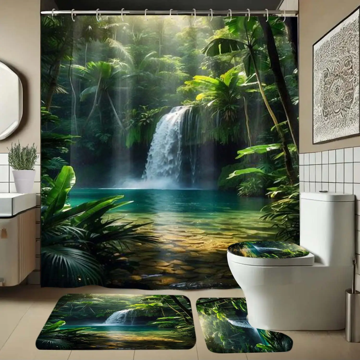 1/3/4 shower curtain set, Waterproof shower curtain, waterfall pattern includes carpets, suitable for bathroom decoration, with hooks, anti slip shower mats, U-shaped toilet seat cushions, Bathroom Supplies