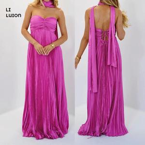 Women Y2k Tube Strapless Pleated Maxi Dress with Scarf Maternity Silk Satin Formal Cocktail Ruffle Flowy Dresses