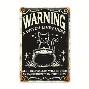 2D Flat - [2D Flat] 1pc Mystical Witch-Themed 2D Iron Sign, "WARNING: A WITCH LIVES HERE" - 8x12 Inch, Classic Wall Decor For Home, Bar, Cafe, Party - Durable, Easy-To-Hang, No Electricity Needed, Witchy Home Decor, For Halloween Decoration Metal