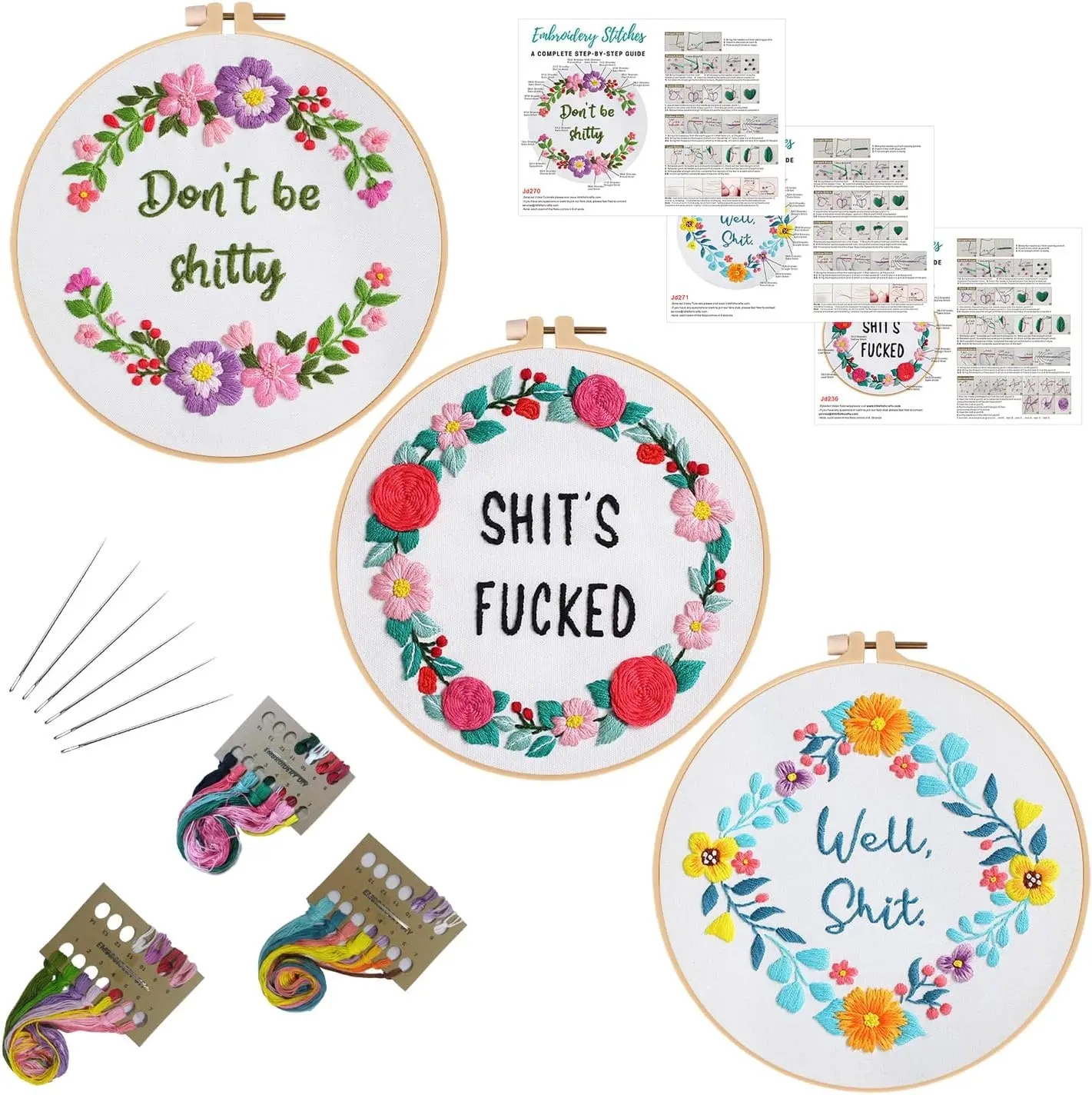 3 Sets Funny Embroidery Kits for Beginners,Cross Stitch Kit for Adults,DIY Starters Needlepoint with Flower Wreath ,Including Instruction and Threads
