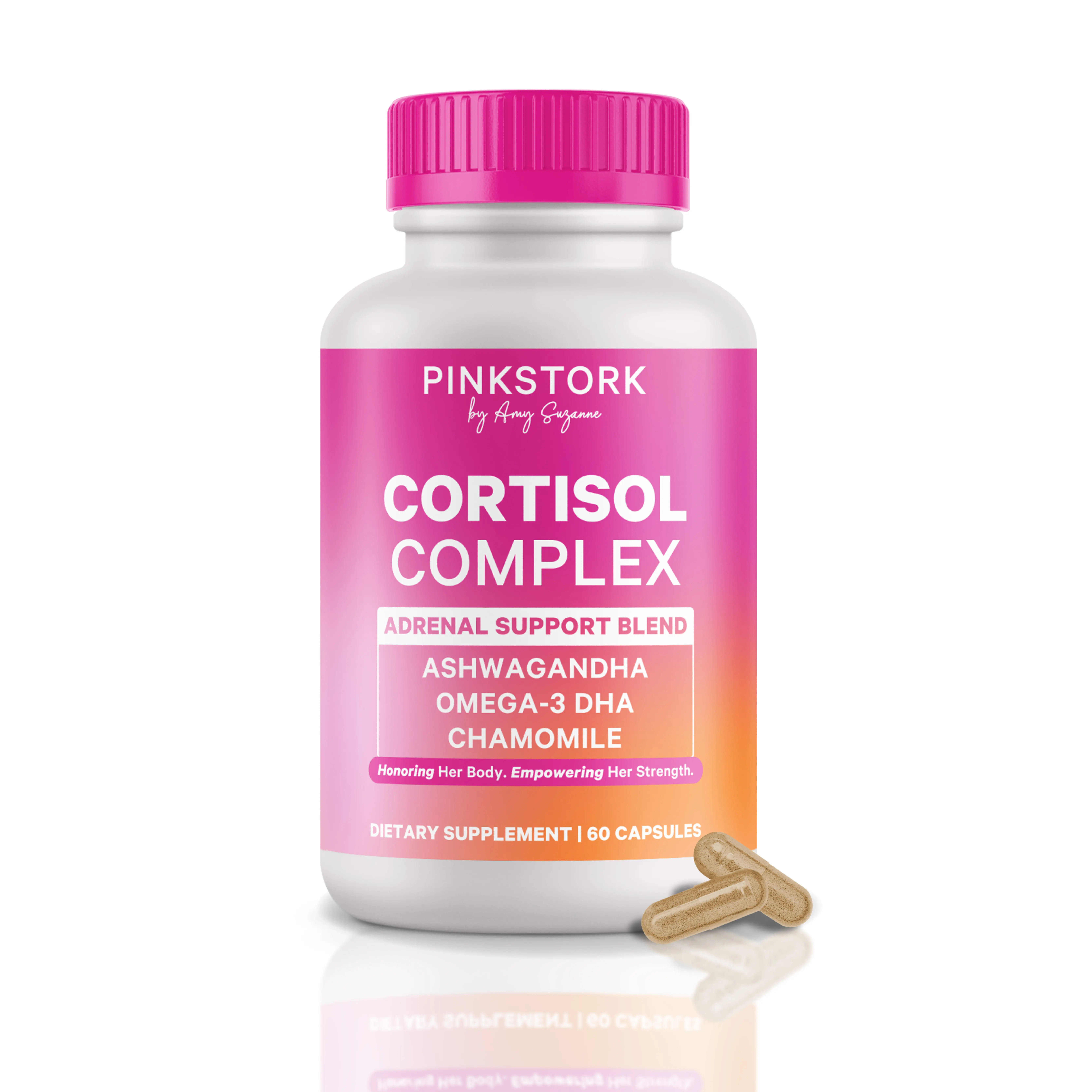 Pink Stork Cortisol Supplement for Women | Adrenal + Stress Support with Organic Ashwagandha, Omega 3 DHA, Chamomile, Saffron, Vitamin D, 1-Month Supply, Adaptogens + Vitamin Blend, Selfcare for Women