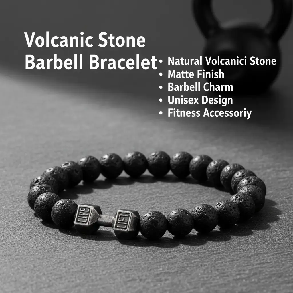 Natural Volcanic Stone Bracelet - Matte Black White Beads, Dumbbell/Barbell Charm - Men's Women's Fitness Costume Jewelry Bracelet