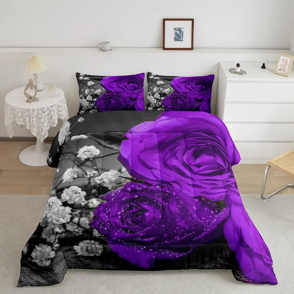 Feelyou Purple Floral Print Breathable Duvet Set - Soft, Decorative, Travel-Friendly, Multi-Size Bedroom Bedding for Women with Romantic Purple Roses, Bedroom Bedding Set, Decorative Bedding Set