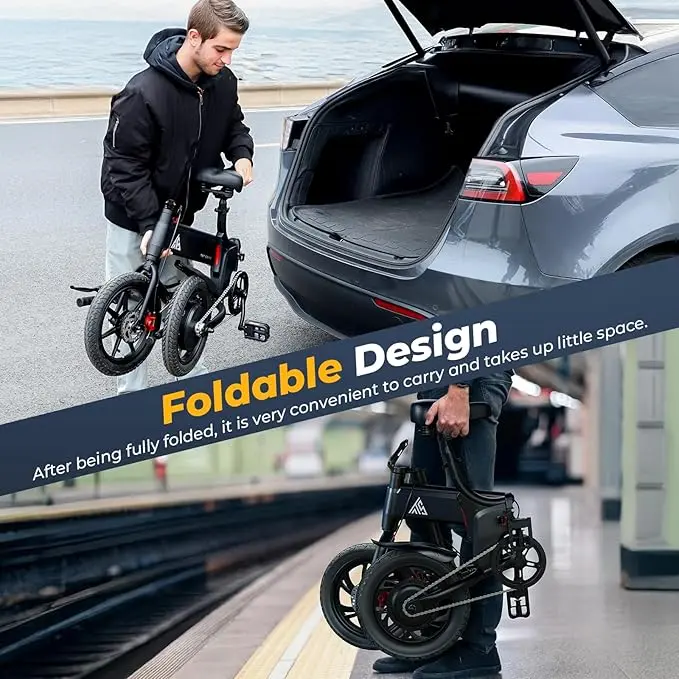 【TST Folding Electric Bike】 Electric Bicycle 20MPH, 750W Peak Motor, Max 30 Miles Range, 14" Pneumatic Tires, Ebike with LED Screen, App Control, 3 Speed Gear, E Bike for Adults and Teens Outdoorfun