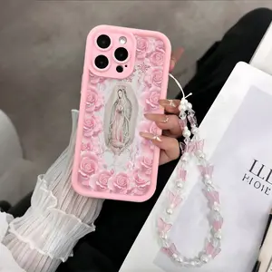 2pc Floral Virgin Mary UV Print Phone Case, Soft Tpu Protection, Butterfly Bead Strap, Fits iPhone 17 16 15 14 13 12 11 X Pro Max