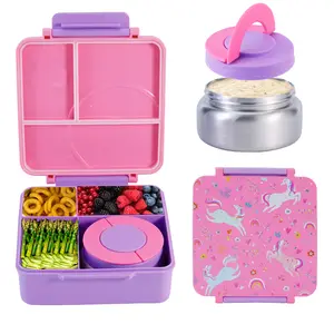 Cartoon Pattern Bento Box with Stainless Steel Soup Container, Microwave Safe, Plastic, Square Shape, Portable Food Storage for Travel and Lunches