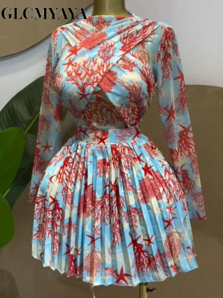 Women GLCMYAYA Leaf Print Long Sleeve O-neck Wrap Front Pleated Elegant  Romantic Vacation Party Birthday Dresses - TikTok Shop