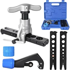Flaring Tool Kit 45° Single Flare Tool for 1/4 to 3/4 Inch 5-19mm O.D. Copper Aluminum Thin Steel Tubings 2 Flaring Bar for 14 Dies Sizes HVAC with Reamer & Tube Cutter