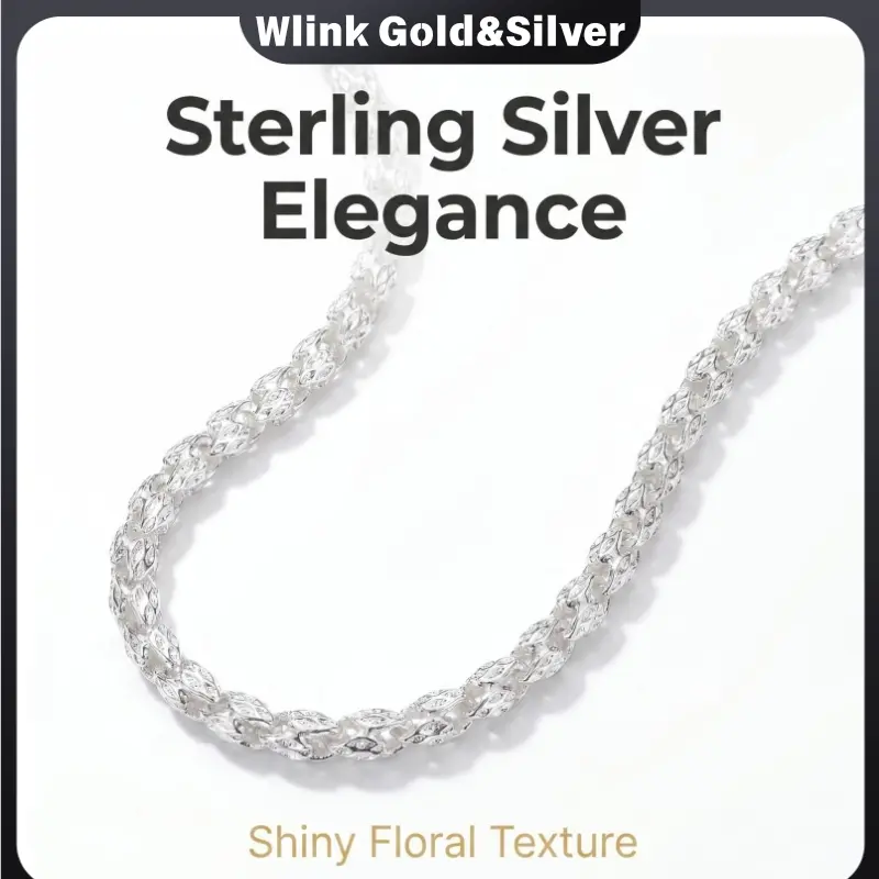 925 Silver Plated Hollow Floral Textured  Necklace, Brilliant Shiny Smooth Snag-Free Link ,19.69 Inch / 23.62 Inch,Secure Lobster Clasp, Minimalist Elegant Daily Jewelry Gift chain bling collar de plata ideal christmas stack whimsical valentines fanci me