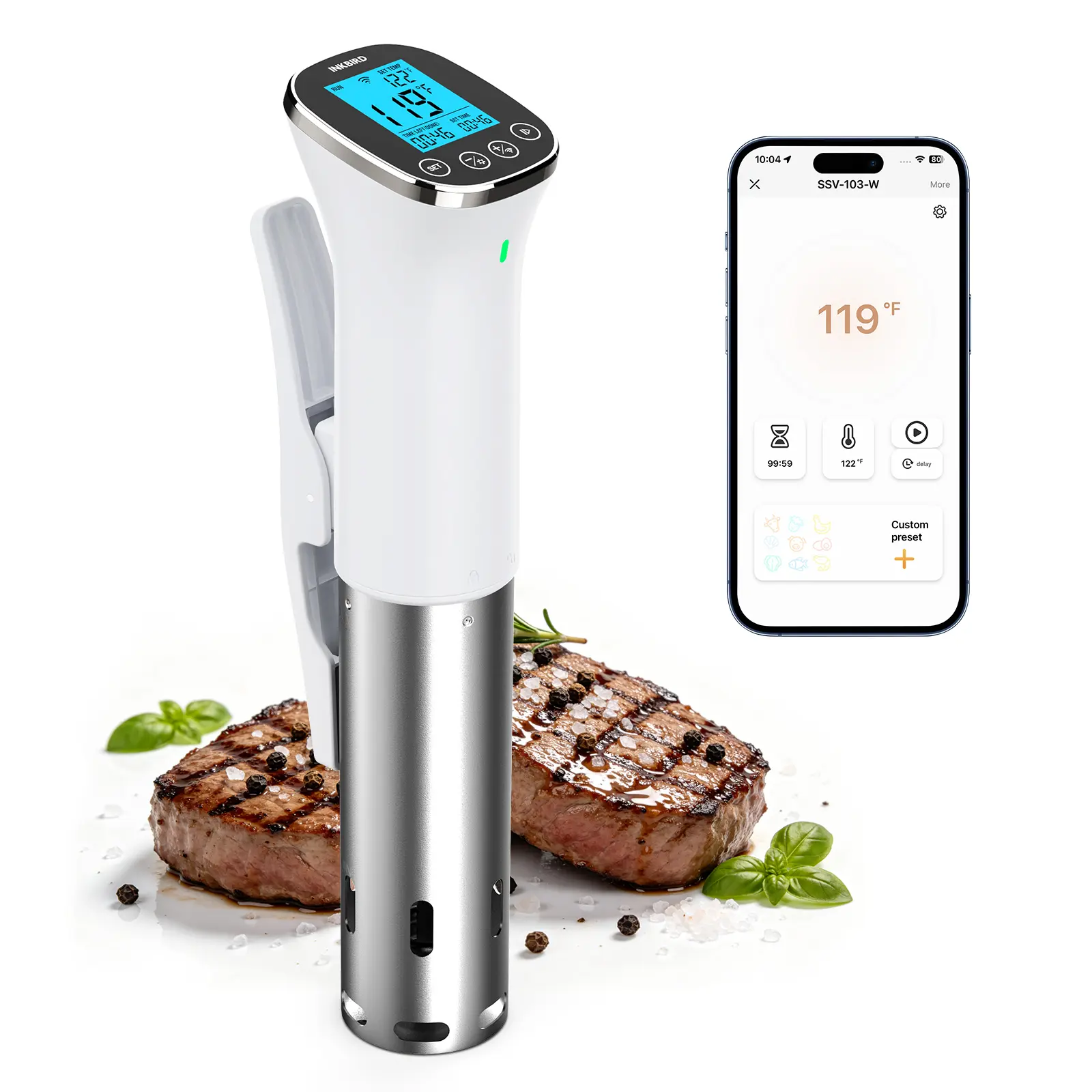 INKBIRD SSV-103-W WiFi Sous Vide Cooker, 1000 Watts Slow Cook Machine, Immersion Circulator with Preset Recipes on APP, Fast-Heating with Timer, Booking Function, Calibration