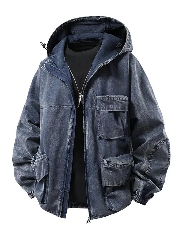 Men's Acid Washed Hooded Jean Jacket - Heavy-Weight Utility Cargo Parka with Multi 3D Pockets, Toggle Drawcord, Elastic Cuffs, Relaxed Boxy Cut Machine Wash, Multi-Pockets, Clothes long sleeve menswear top, Casual, Stylish