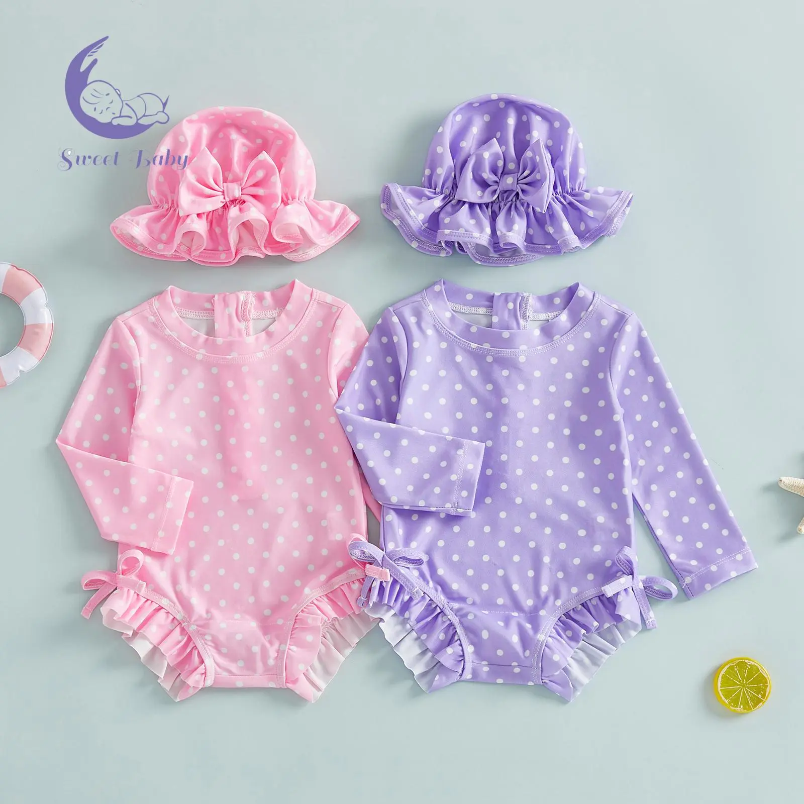 Toddler Baby Girl 2-Piece Polka Dot Print Swimsuit Set, Long Sleeve Rash Guard, Ruffled Bathing Suit with Cap