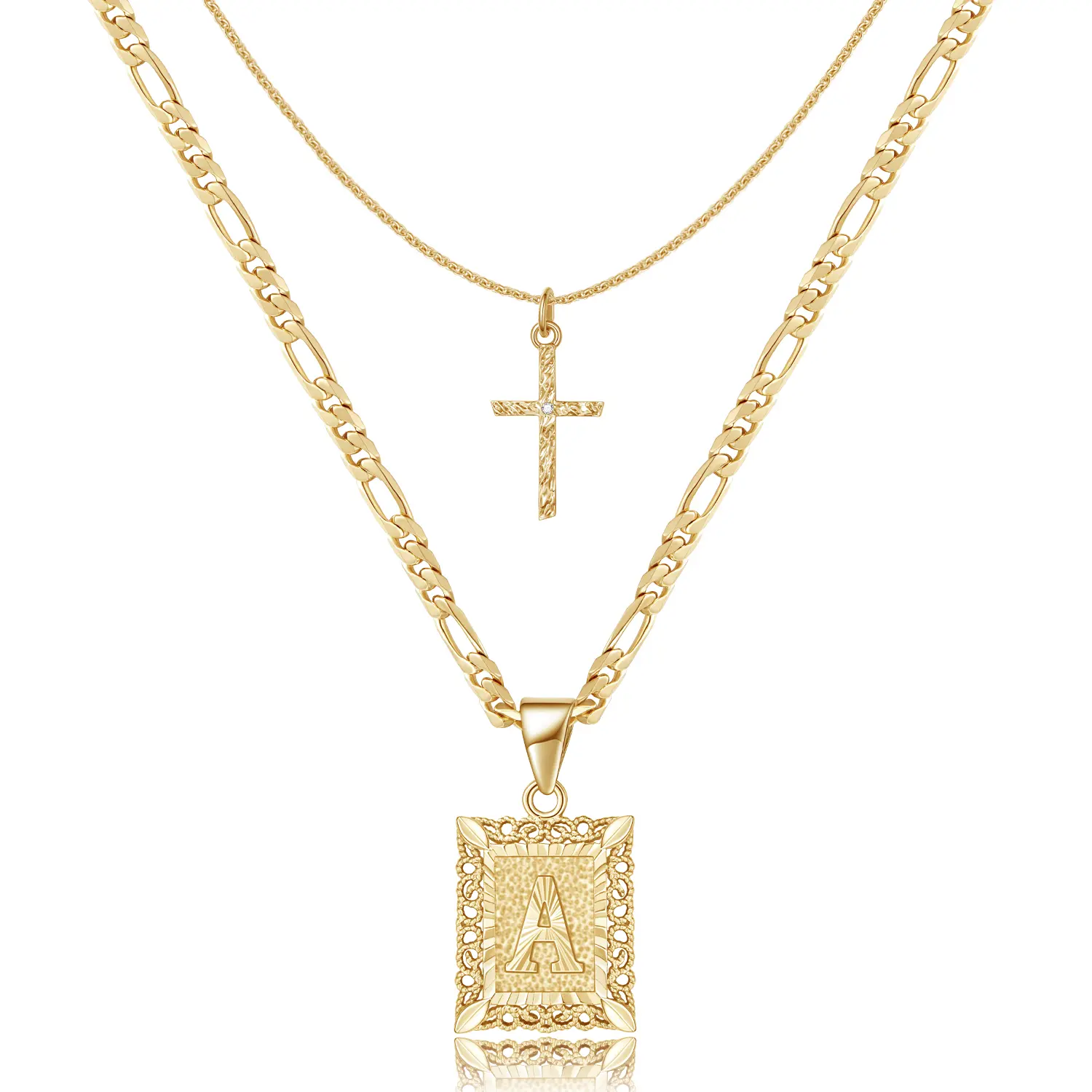 KissYan Gold Layered Initial Cross Necklace, 14K Gold Plated Layering Square Letter Pendant Figaro Chain Cross Choker from A-Z Capital Jewelry for Women Girls & Jewelry Mothers Day Gift Ideas ,summeroutfits,vacationoutfits,beachoutfits