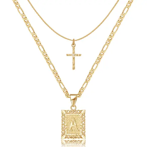 KissYan Casual 14K Gold Plated Layered Initial Cross Necklace - Square Capital Letter Pendant, Figaro Chain Choker (A-Z) for Women, Ideal Capital Jewelry Mothers Day Gift