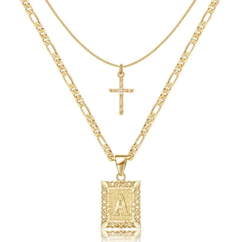 KissYan Women's Casual 14K Gold Plated Layered Initial Cross Necklace - Square Capital Letter Pendant, Figaro Chain Choker (A-Z), Ideal Mom Gifts, Anniversary Gifts for Her