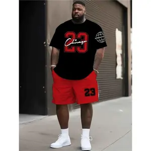 Men's Plus Size Short Sleeve Shorts Set - Fashionable Two-Piece Sportswear with Digital Print Round Neck Tee and Drawstring Shorts for Casual Outing
