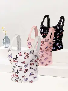 Women's sleeveless lace‑trimmed top, casual butterfly print, slim fit, built‑in bra