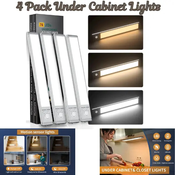 4-Pack Under Cabinet LED Motion Sensor Lights - 76-LED, 5W, USB Rechargeable 1500mAh Aluminum Body, Magnetic Adjustable, Auto Shut-Off, Wireless Easy-Install Dimmable Indoor Lighting for Kitchen, Closet
