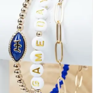 Gameday Bracelets - Blue and White Beaded Design with Gold Accents for Sports Fans