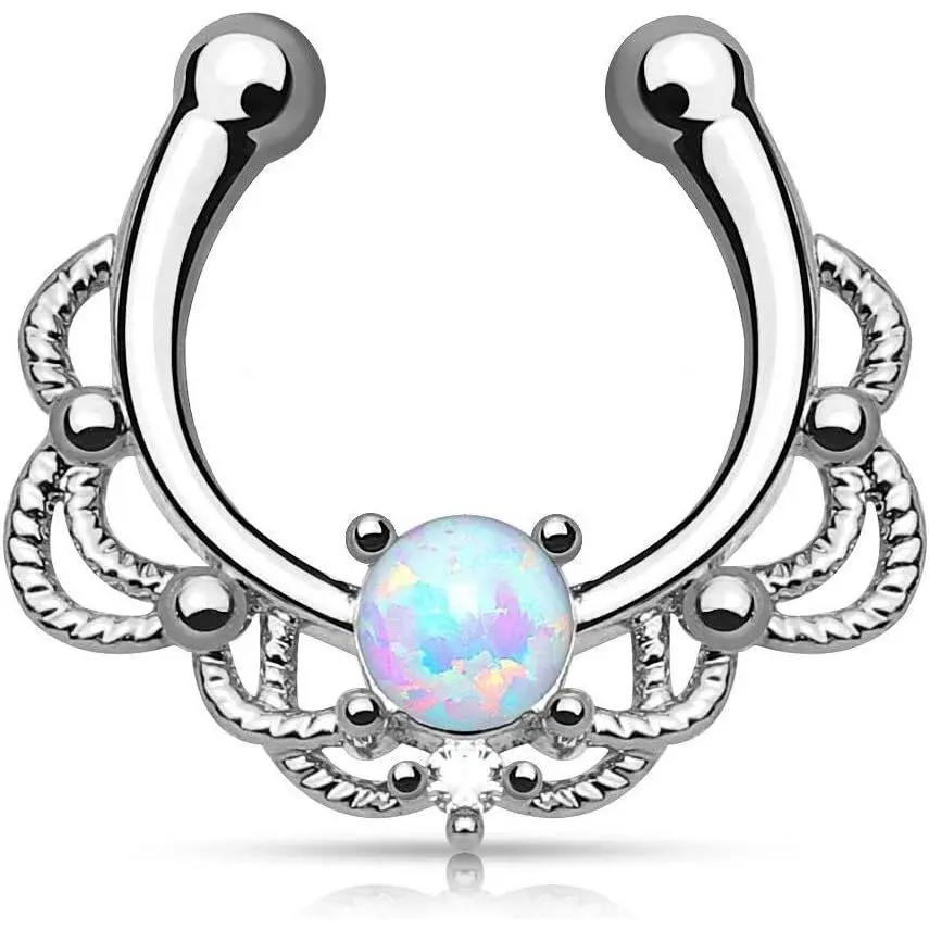 16GA Lacey Single Synthetic Opal Clip On Fake Non No Piercing Septum Hanger Ring