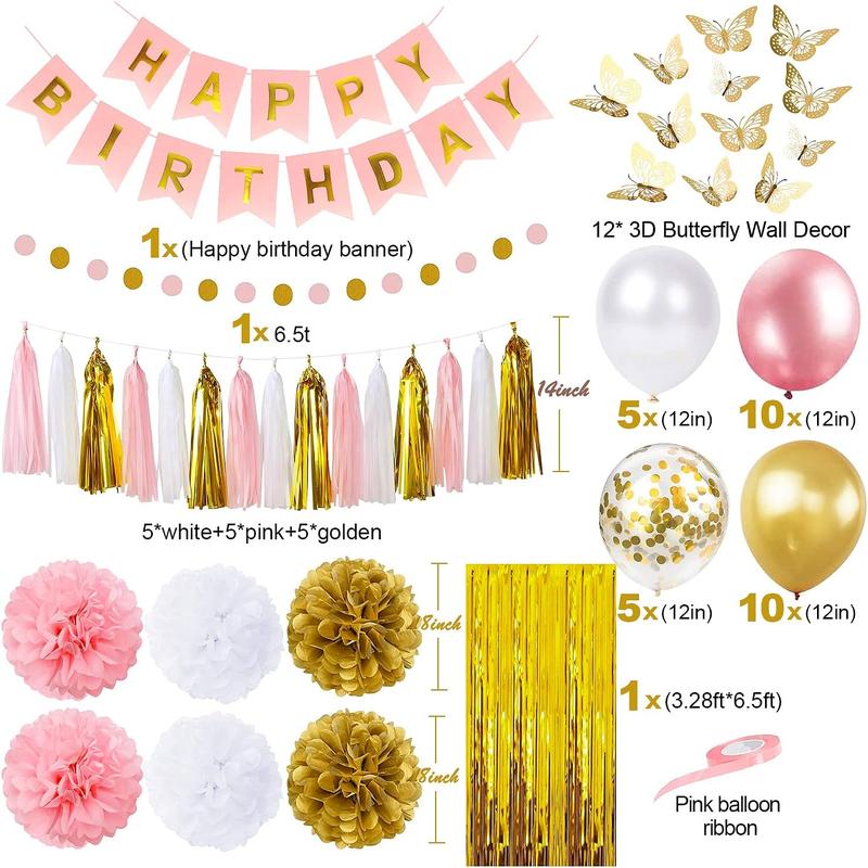 Pink and Gold Birthday Party Decorations for Women with Happy Birthday Banner,Curtains, Butterfly Wall,Circle Dots Garland,Tissue Pompoms,Paper Tassels Garland Birthday for Her
