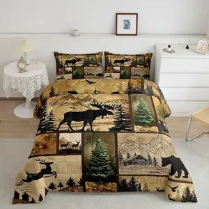 Hunting Deer Bear Comforter Set ,Rustic Farmhouse Bedding Set for Kids and Adults,Cabin Tree Duvet Quilt Breathable Soft Lightweight Microfiber Room Decor Brown