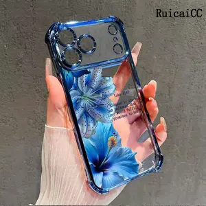 Phone Case for iPhone 17 Pro Max 16 15 14 Plus 13 12 11 Air Aesthetic Bible Verse Blue Floral Lily pattern hearts Full Body Protection Shockproof Electroplating TPU Cover Cellphone Protective Casing Aesthetic Smartphone
