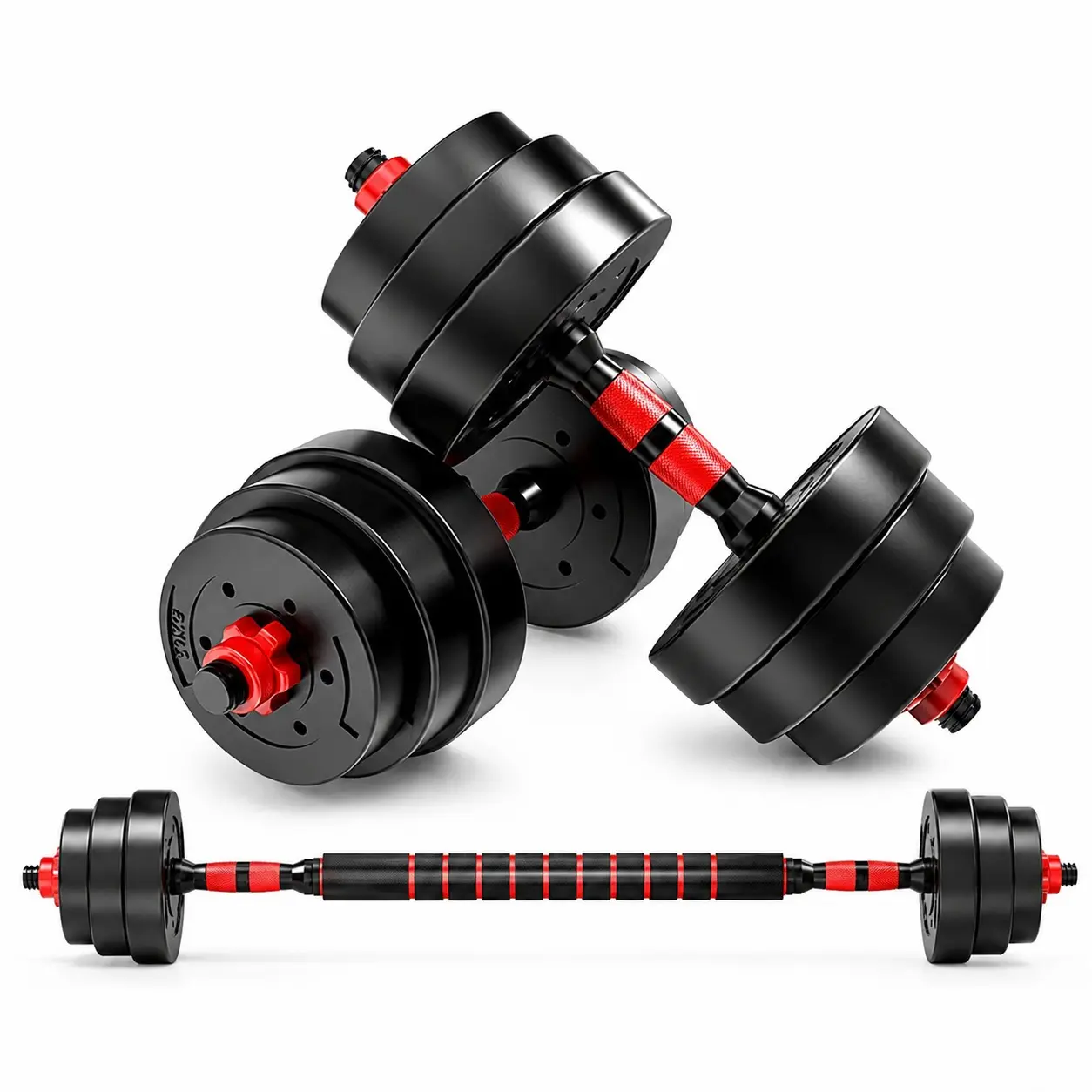 WSA Adjustable Dumbbells Set 44 LB, 2-in-1 Dumbbell & Barbell Weight Set with Connector Bar PVC Cement Weight Plates Anti-Slip Handles Locking Nuts Home Gym Strength Training Equipment for Men & Women