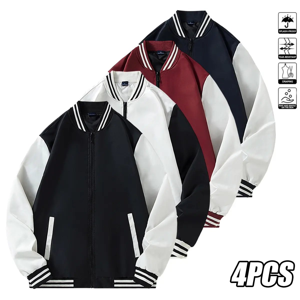 4pcs Men's Casual Jacket with Pocket and Color Block Design, Zippered Jacket, Fashionable and Trendy Men's Top Outerwear, Men's Outdoor Sports and Casual Top, Gift for Boyfriend, Friend, or Family