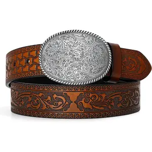 SUNDAY MIRTH Western Leather Buckle Belt for Men Women Cowboy Cowgirl Mens Leather Belt for Jeans