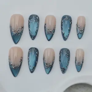 AURA NAILS | Blue Cat Eye Press On Nails Party Gel Nail Art