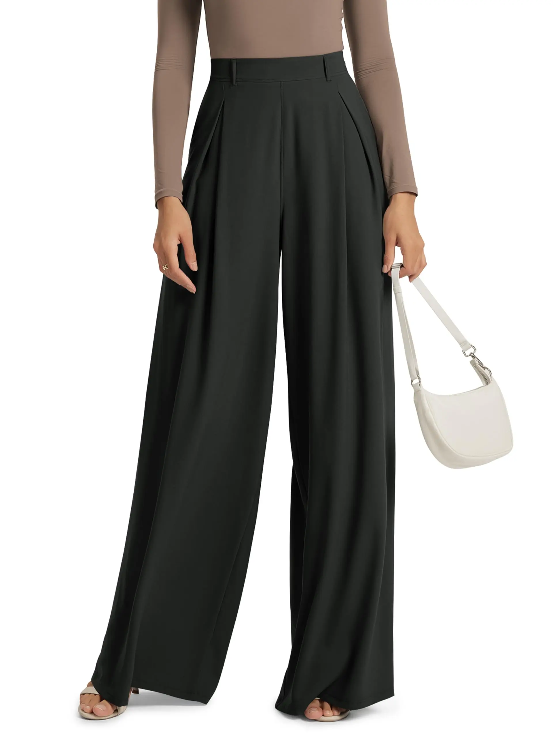 ODODOS Chiffon Flowy Pleated Wide Leg Pants for Women Lightweight High Waist Trouser with Pockets-29" Inseam