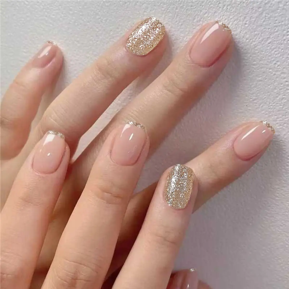 Curvlife short squoval french Nail Art Press On Nails  glitter pink glossy shiny 2 Week Wear
