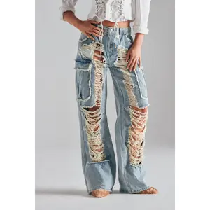 ALMA DISTRESSED DENIM CARGO PANTS