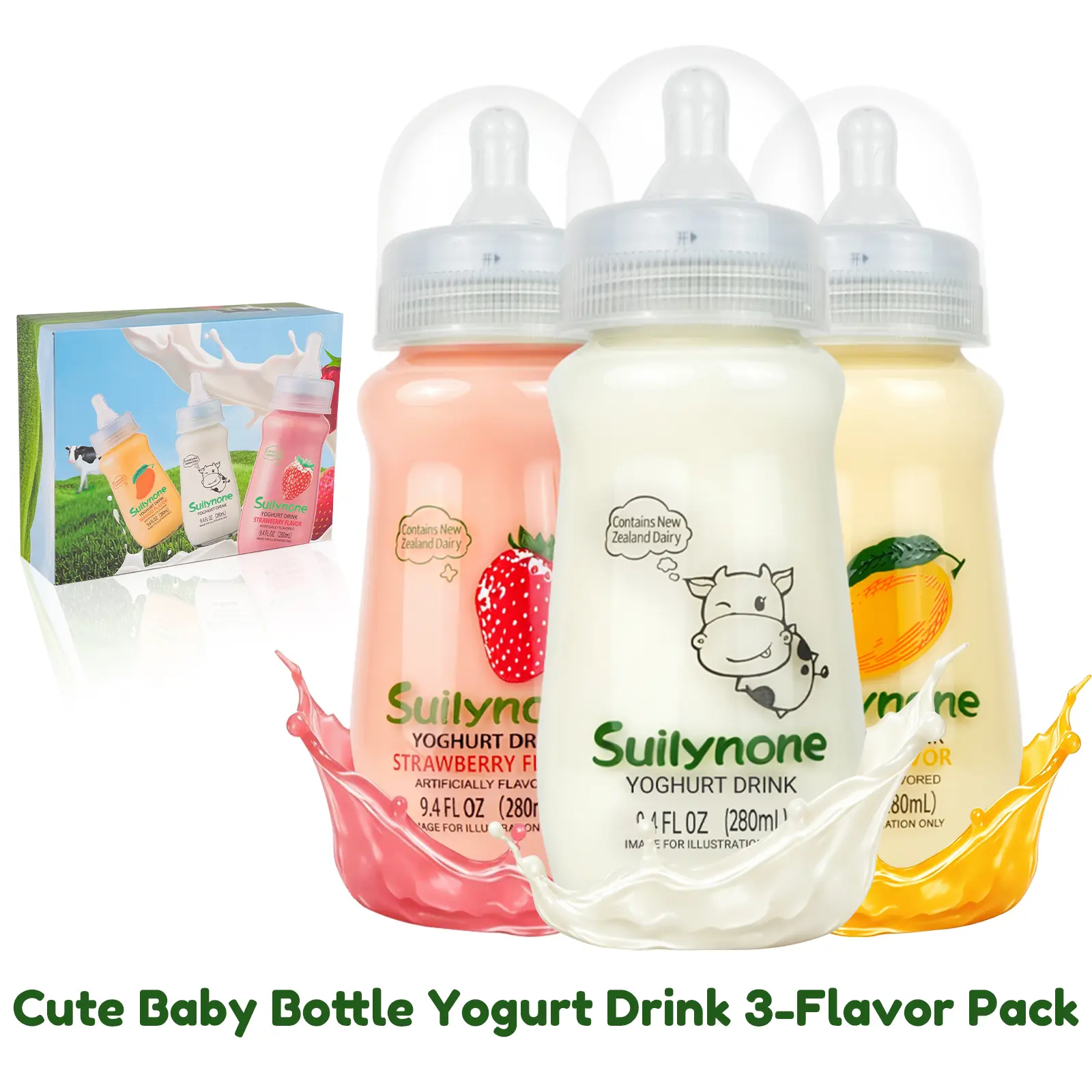 SUILYNONE Yogurt Drink Gift Set - 3 Flavors (Strawberry, Mango, Original) - 280ml Cute Reusable Glass Bottles with Playful Lid Design - Novelty Food Gift