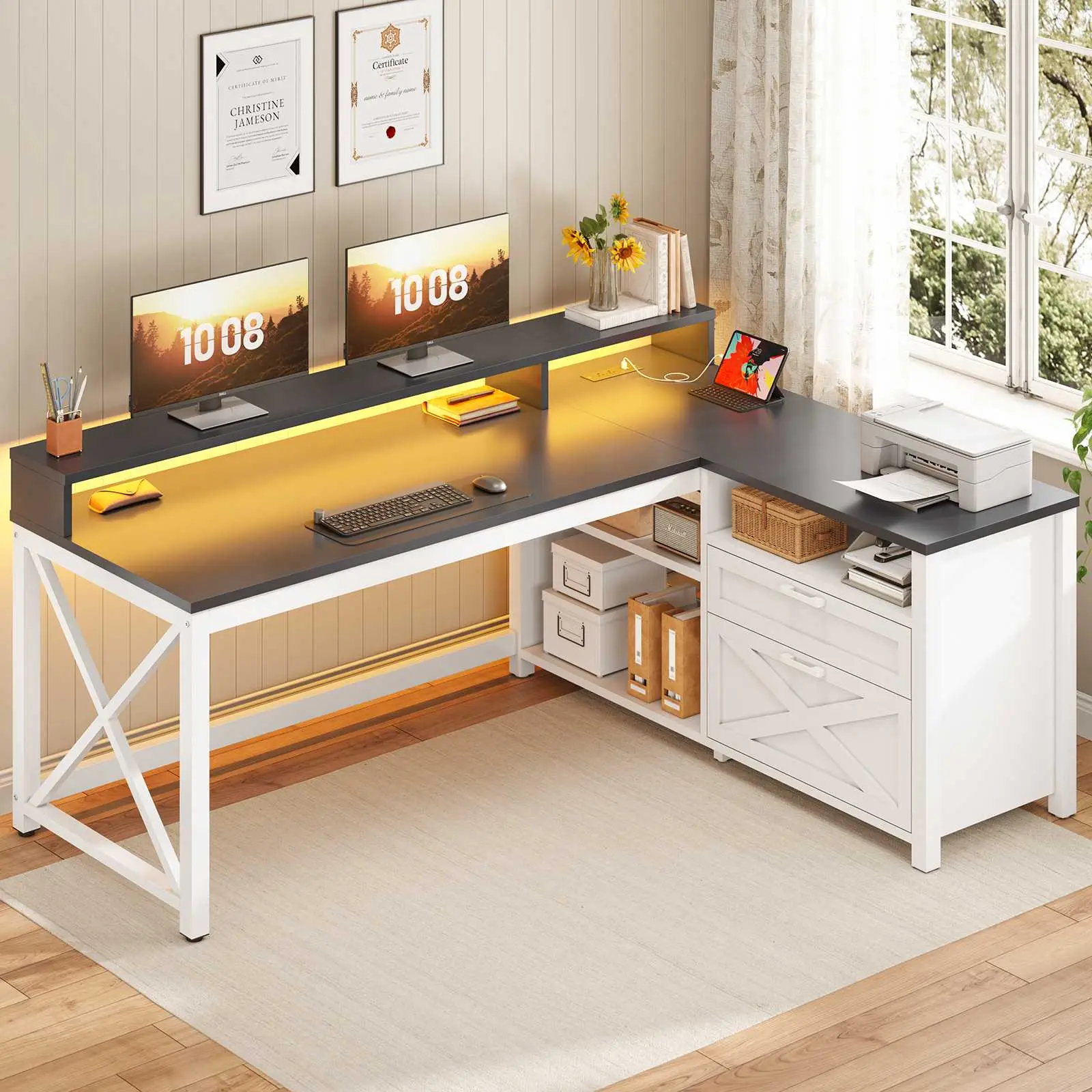 SEDETA L Shaped Gaming Desk, 55" Corner Computer Desk with Drawers, Home Office Desk with Printer Storage Shelves, Monitor Stand and LED Lights Study