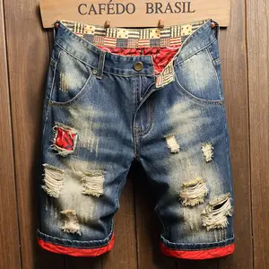 pocket short 2025 Summer Ripped Denim Shorts Men's Loose Splicing Knee-length Casual Short Jeans Personality Streetwear Hip Hop Male Clothes Pants Blue gymshorts gym outfits bikershorts Cotton Menswear