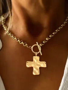 Retro Boho Cross Pendant Necklace Chunky Statement Pendant Necklace, Cross Charm Necklace, Golden/Silvery Stainless Steel Chain, Casual Fashion Jewelry for All Seasons, Dainty Cross Necklace