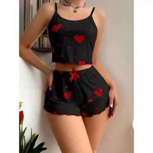 Women'S Sexy Heart Print Spaghetti Strap Shorts Set with Heart Detail - Off-Shoulder, All-Season, Casual Attire, Casual Attire