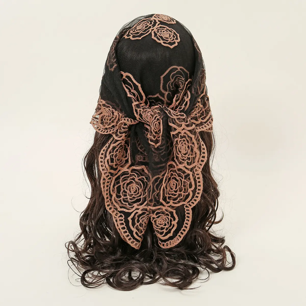 Women's Sports Headband - Black Floral Lace Boho Shawl, Rose Embroidery Mesh Square Sheer Vintage Bandana, Luxury Gift for Adult Females (Party, Daily, Driving/OOTD, All Seasons Muslim Hijab Use)