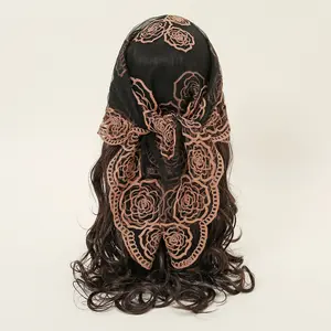 Black Lace Scarf Rose Embroidered Mesh Square Hair Head Wraps Sheer Vintage Bandana Floral Shawl for Women Luxury Party Muslim Hijab Gift